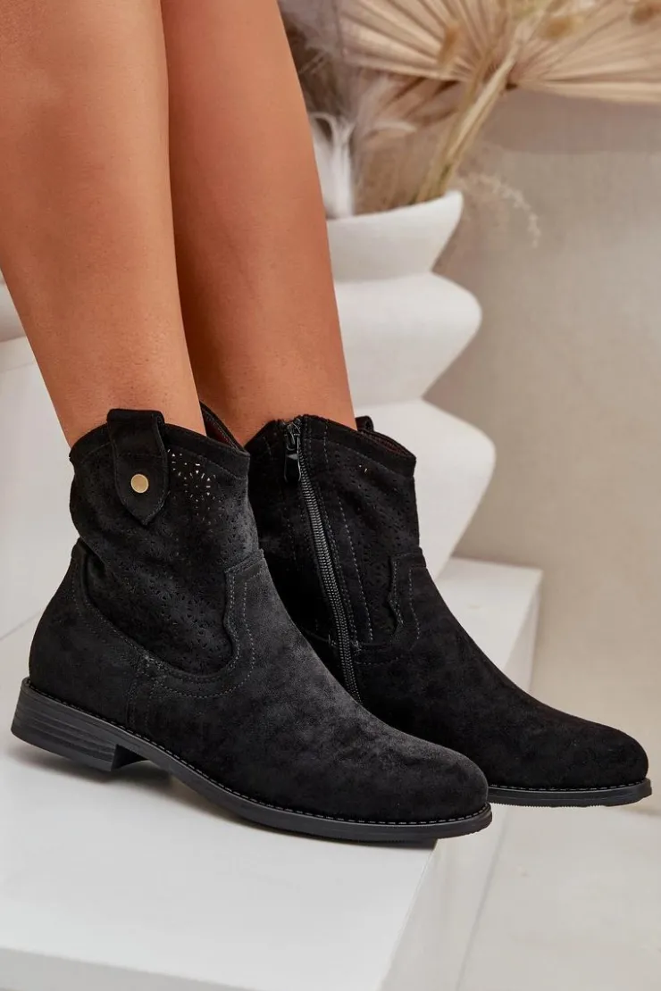 Damskie buty S.Barski Botki Ażurowe|Botki Płaskie*Ażurowe Botki Na Płaskim Obcasie S.Barski HY51-063 Czarne Czarny