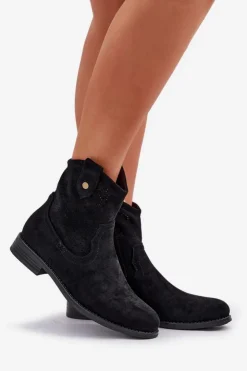 Damskie buty S.Barski Botki Ażurowe|Botki Płaskie*Ażurowe Botki Na Płaskim Obcasie S.Barski HY51-063 Czarne Czarny