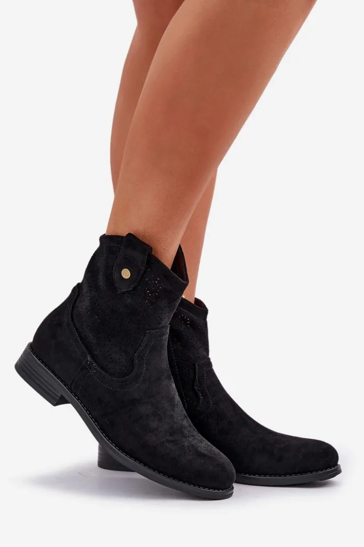 Damskie buty S.Barski Botki Ażurowe|Botki Płaskie*Ażurowe Botki Na Płaskim Obcasie S.Barski HY51-063 Czarne Czarny