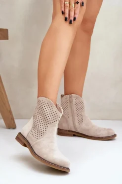 Hot Boto Ażurowe Botki Na Płaskim Obcasie Jasnobeżowe Zinollia