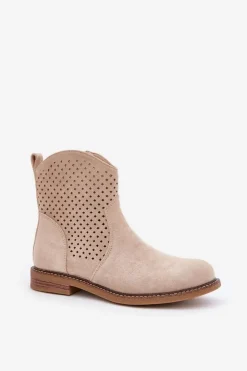 Hot Boto Ażurowe Botki Na Płaskim Obcasie Jasnobeżowe Zinollia