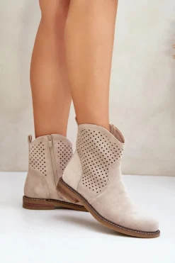 Hot Boto Ażurowe Botki Na Płaskim Obcasie Jasnobeżowe Zinollia