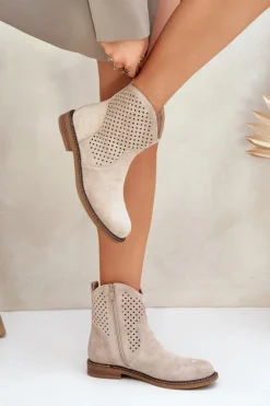 Hot Boto Ażurowe Botki Na Płaskim Obcasie Jasnobeżowe Zinollia