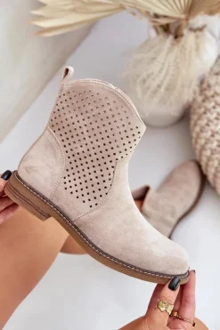 Hot Boto Ażurowe Botki Na Płaskim Obcasie Jasnobeżowe Zinollia