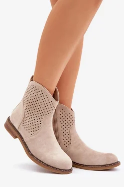 Hot Boto Ażurowe Botki Na Płaskim Obcasie Jasnobeżowe Zinollia