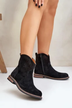 Boto Botki Ażurowe|Botki Płaskie*Ażurowe Botki Na Płaskim Obcasie Czarne Zinollia