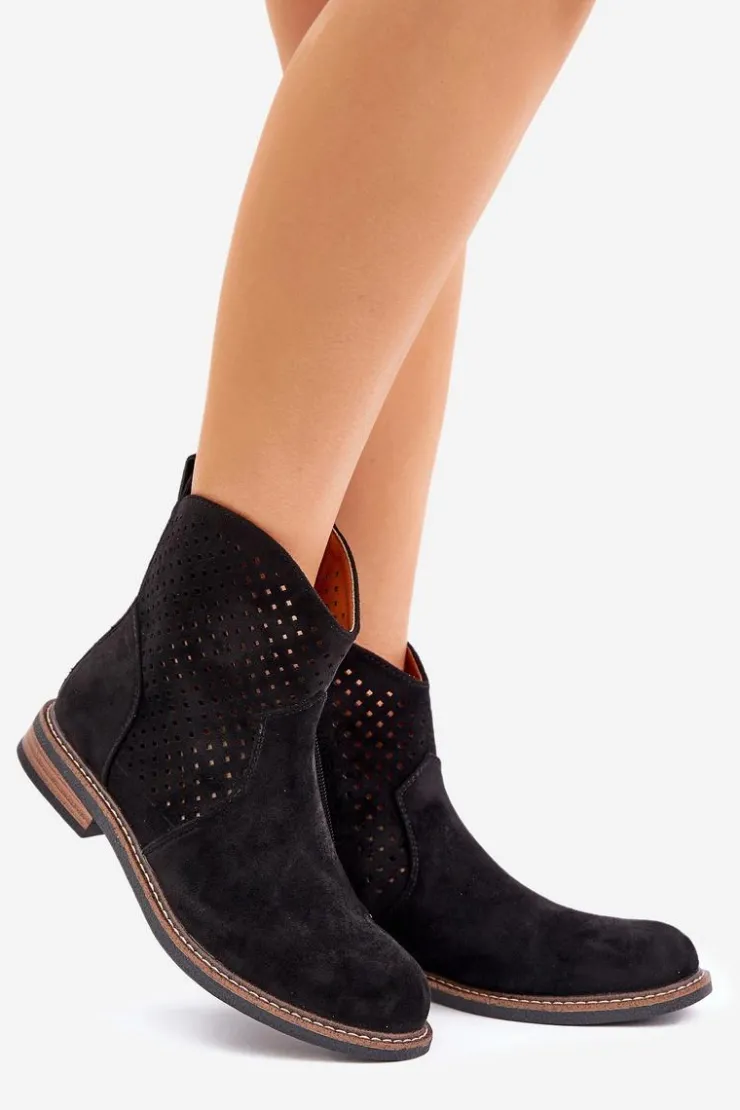 Boto Botki Ażurowe|Botki Płaskie*Ażurowe Botki Na Płaskim Obcasie Czarne Zinollia