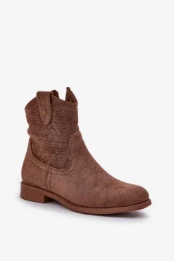 Outlet Damskie buty S.Barski Ażurowe Botki Na Płaskim Obcasie S.Barski HY51-063 Brązowe