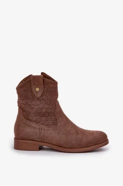 Outlet Damskie buty S.Barski Ażurowe Botki Na Płaskim Obcasie S.Barski HY51-063 Brązowe