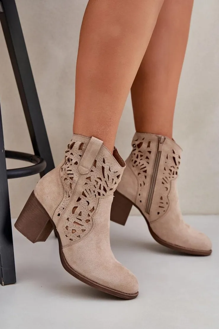 Boto Botki Ażurowe|Brązowe I Beżowe Botki*Ażurowe Botki Na Słupkowym Obcasie Beżowe Nurissa