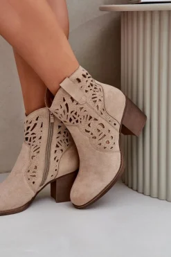 Boto Botki Ażurowe|Brązowe I Beżowe Botki*Ażurowe Botki Na Słupkowym Obcasie Beżowe Nurissa