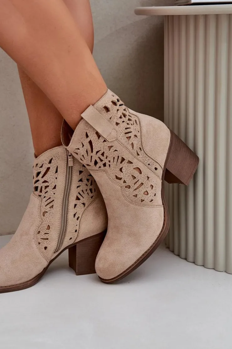 Boto Botki Ażurowe|Brązowe I Beżowe Botki*Ażurowe Botki Na Słupkowym Obcasie Beżowe Nurissa