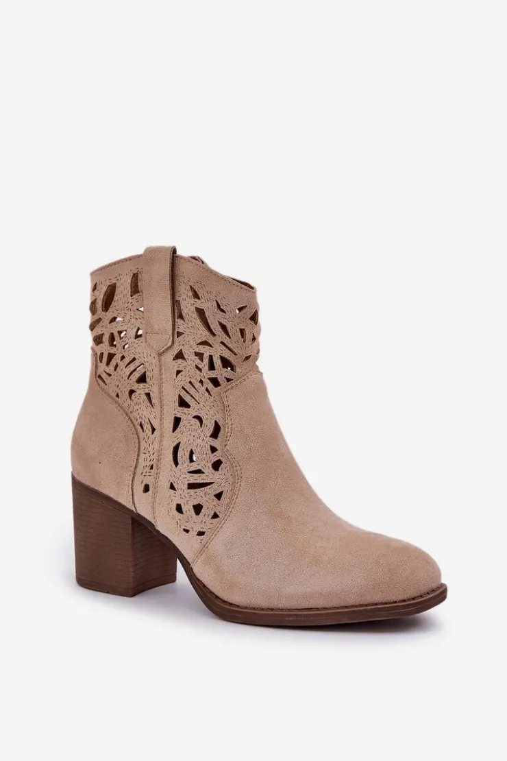 Boto Botki Ażurowe|Brązowe I Beżowe Botki*Ażurowe Botki Na Słupkowym Obcasie Beżowe Nurissa