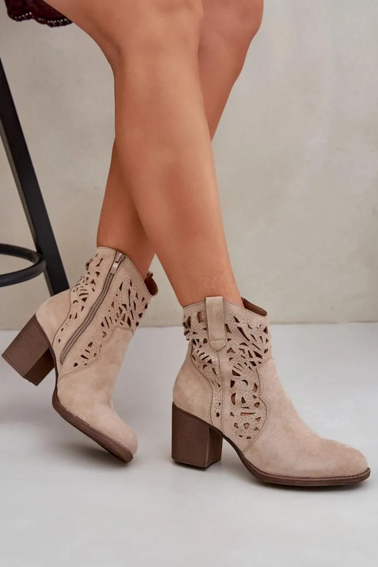 Boto Botki Ażurowe|Brązowe I Beżowe Botki*Ażurowe Botki Na Słupkowym Obcasie Beżowe Nurissa