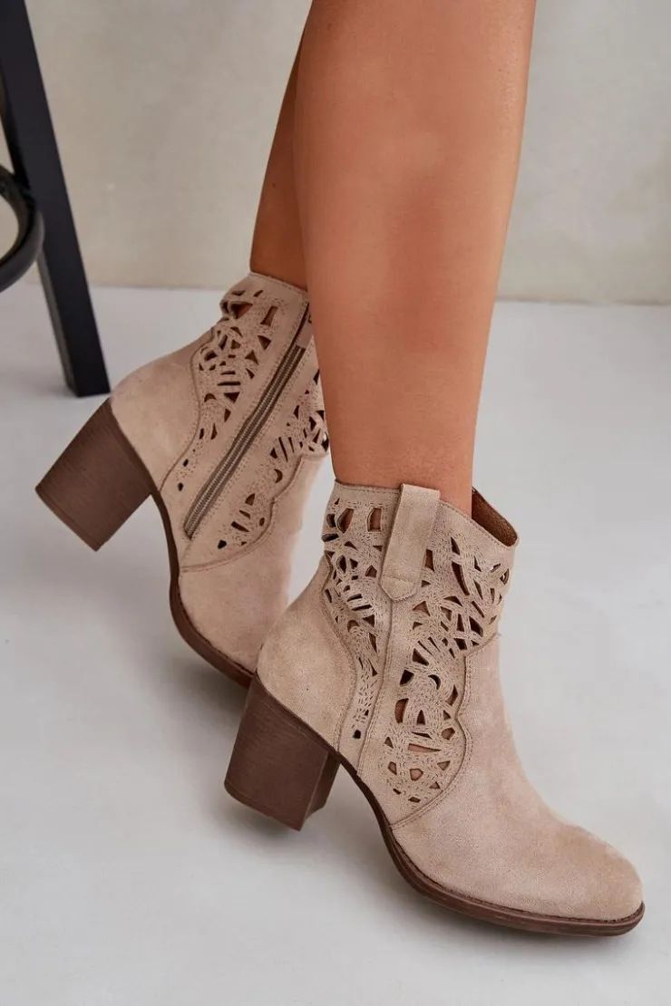 Boto Botki Ażurowe|Brązowe I Beżowe Botki*Ażurowe Botki Na Słupkowym Obcasie Beżowe Nurissa