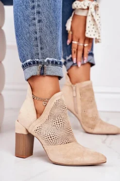 Damskie Boto Ażurowe Botki Na Słupku Beżowe Michelle