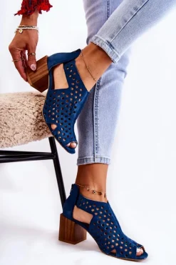 Damskie Maciejka Ażurowe Botki Na Słupku 04593-17 Granatowe