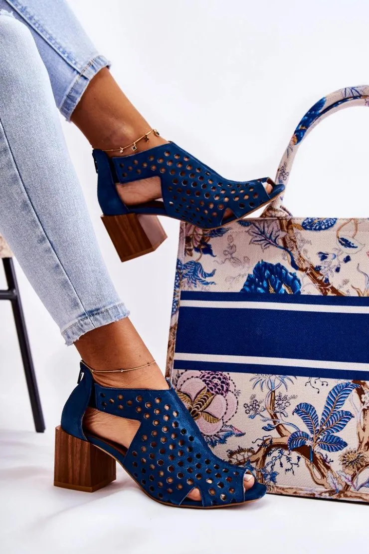 Damskie Maciejka Ażurowe Botki Na Słupku 04593-17 Granatowe