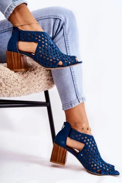 Damskie Maciejka Ażurowe Botki Na Słupku 04593-17 Granatowe
