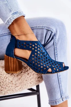 Damskie Maciejka Ażurowe Botki Na Słupku 04593-17 Granatowe