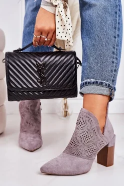 Boto Botki Wiosenne|Botki Na Słupku*Ażurowe Botki Na Słupku Szare Michelle