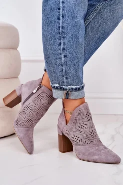Boto Botki Wiosenne|Botki Na Słupku*Ażurowe Botki Na Słupku Szare Michelle