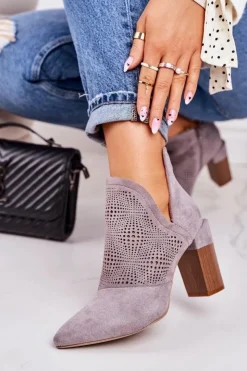Boto Botki Wiosenne|Botki Na Słupku*Ażurowe Botki Na Słupku Szare Michelle