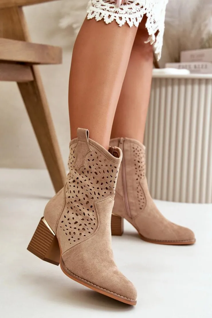 Damskie Boto Ażurowe Botki Na Słupku Z Eko Zamszu Zapinane Na Zamek Ciemnobeżowe Sevana