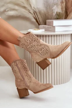 Damskie Boto Ażurowe Botki Na Słupku Z Eko Zamszu Zapinane Na Zamek Ciemnobeżowe Sevana