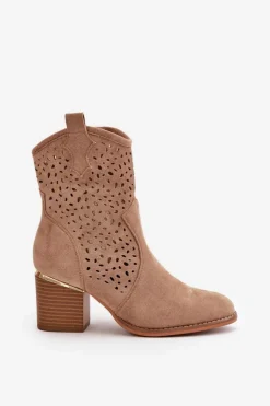 Damskie Boto Ażurowe Botki Na Słupku Z Eko Zamszu Zapinane Na Zamek Ciemnobeżowe Sevana