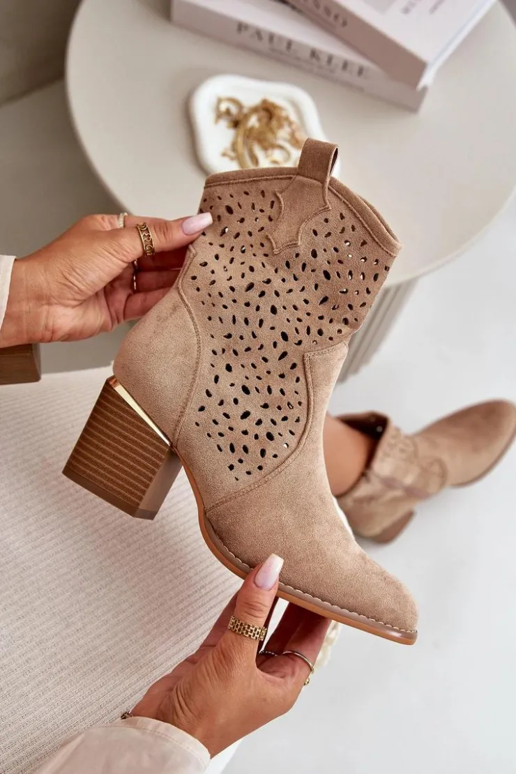 Damskie Boto Ażurowe Botki Na Słupku Z Eko Zamszu Zapinane Na Zamek Ciemnobeżowe Sevana