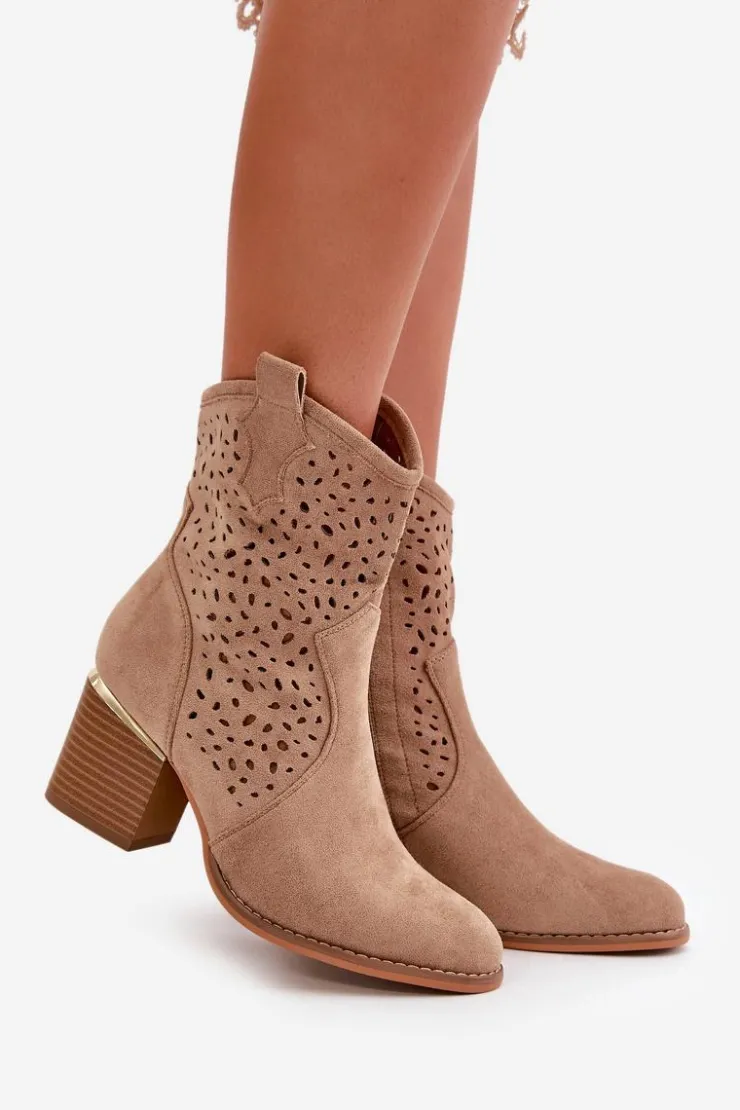 Damskie Boto Ażurowe Botki Na Słupku Z Eko Zamszu Zapinane Na Zamek Ciemnobeżowe Sevana