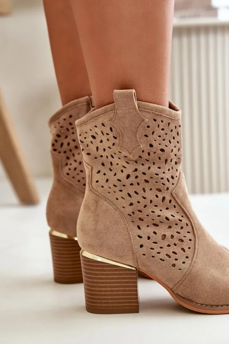 Damskie Boto Ażurowe Botki Na Słupku Z Eko Zamszu Zapinane Na Zamek Ciemnobeżowe Sevana