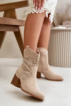 Discount Boto Ażurowe Botki Na Słupku Z Eko Zamszu Zapinane Na Zamek Beżowe Sevana