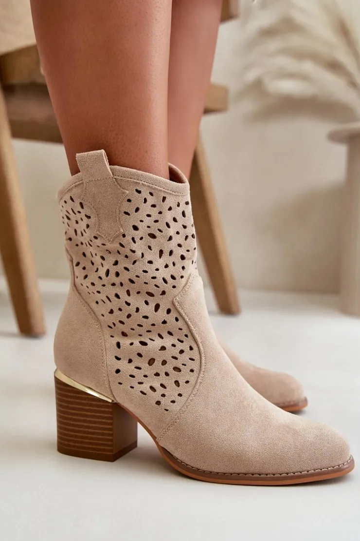 Discount Boto Ażurowe Botki Na Słupku Z Eko Zamszu Zapinane Na Zamek Beżowe Sevana
