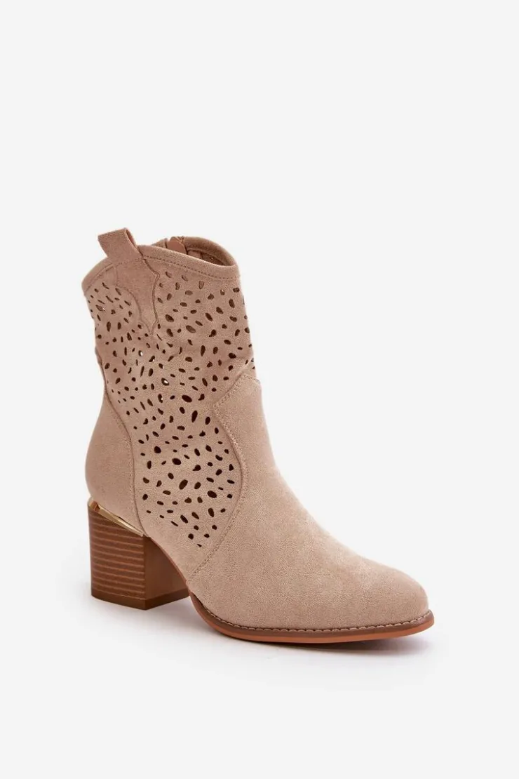 Discount Boto Ażurowe Botki Na Słupku Z Eko Zamszu Zapinane Na Zamek Beżowe Sevana