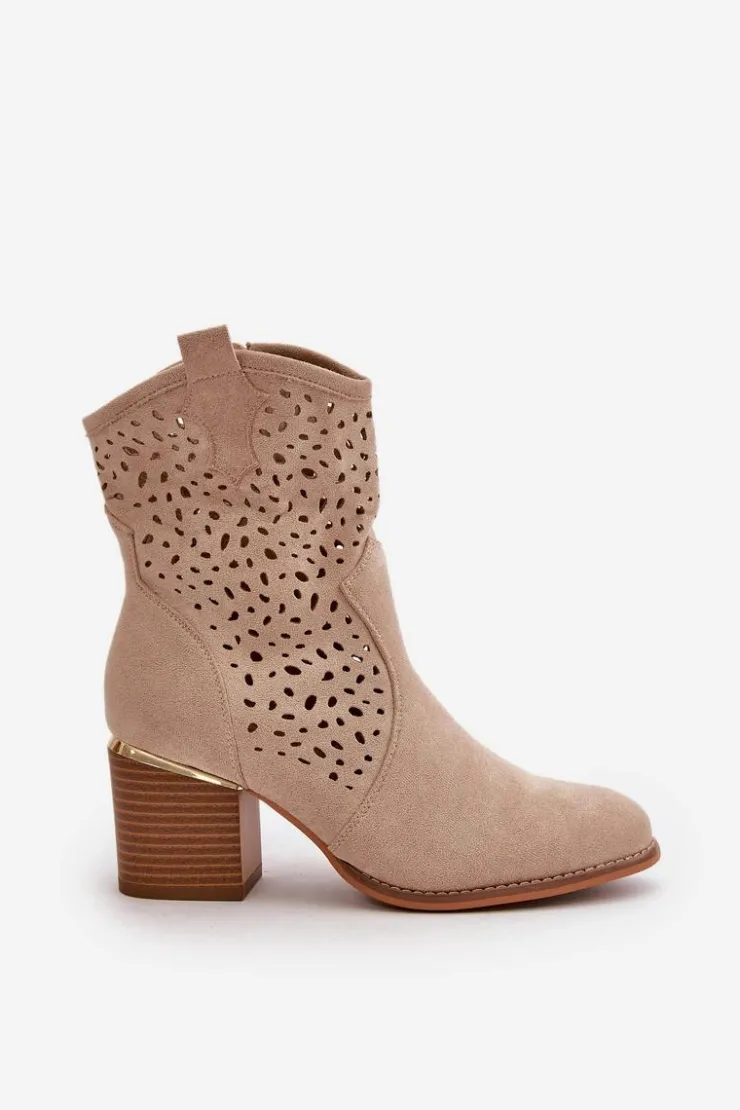 Discount Boto Ażurowe Botki Na Słupku Z Eko Zamszu Zapinane Na Zamek Beżowe Sevana