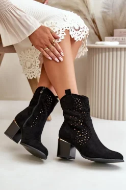 Damskie Boto Ażurowe Botki Na Słupku Z Eko Zamszu Zapinane Na Zamek Czarne Sevana