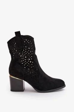 Damskie Boto Ażurowe Botki Na Słupku Z Eko Zamszu Zapinane Na Zamek Czarne Sevana