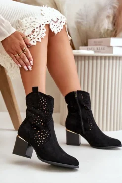 Damskie Boto Ażurowe Botki Na Słupku Z Eko Zamszu Zapinane Na Zamek Czarne Sevana