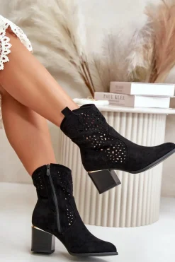 Damskie Boto Ażurowe Botki Na Słupku Z Eko Zamszu Zapinane Na Zamek Czarne Sevana