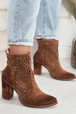 Damskie Boto Ażurowe Botki Na Słupku Zamszowe Exquisite 1219 Koniak