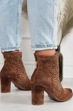 Damskie Boto Ażurowe Botki Na Słupku Zamszowe Exquisite 1219 Koniak