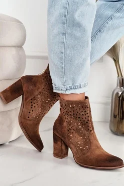 Damskie Boto Ażurowe Botki Na Słupku Zamszowe Exquisite 1219 Koniak