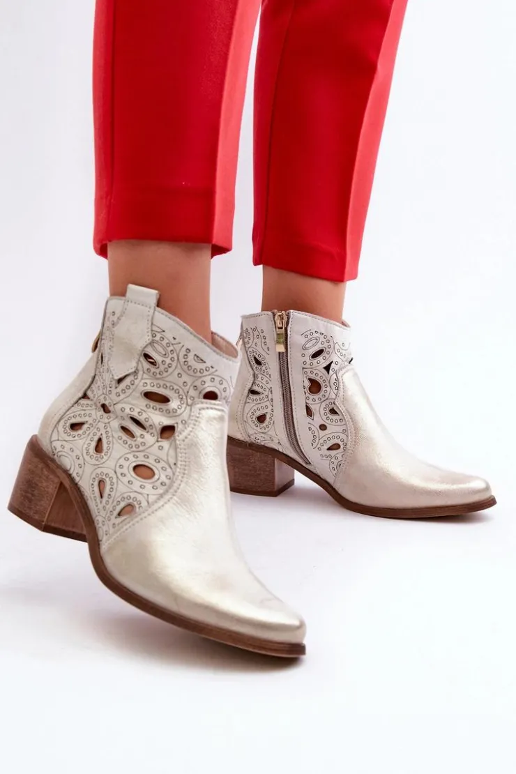 Clearance Boto Ażurowe Botki Skórzane Lewski Shoes 3170/2 Złoty Przecierany