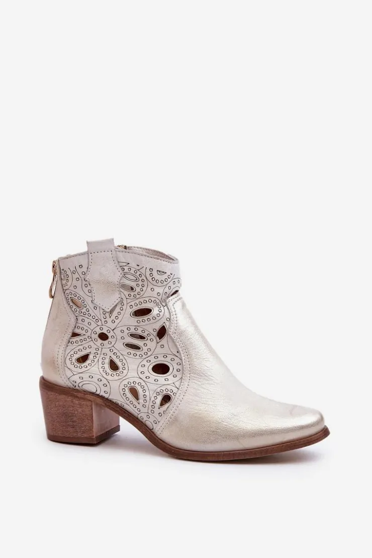 Clearance Boto Ażurowe Botki Skórzane Lewski Shoes 3170/2 Złoty Przecierany
