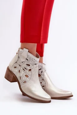 Clearance Boto Ażurowe Botki Skórzane Lewski Shoes 3170/2 Złoty Przecierany
