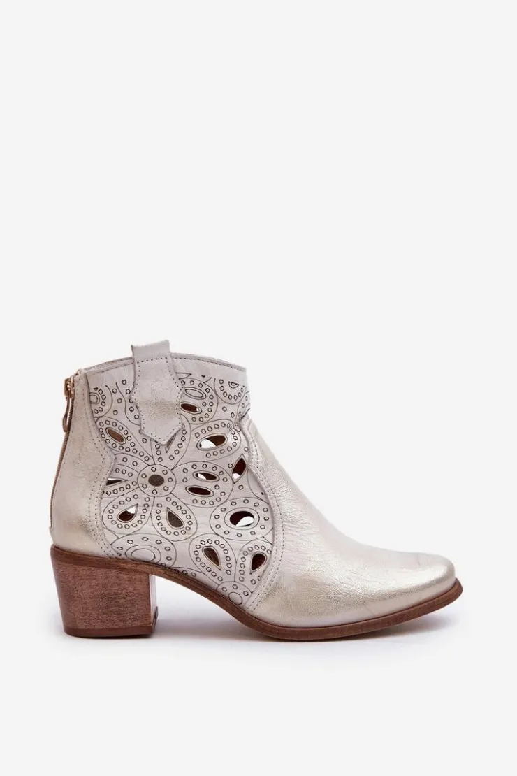 Clearance Boto Ażurowe Botki Skórzane Lewski Shoes 3170/2 Złoty Przecierany