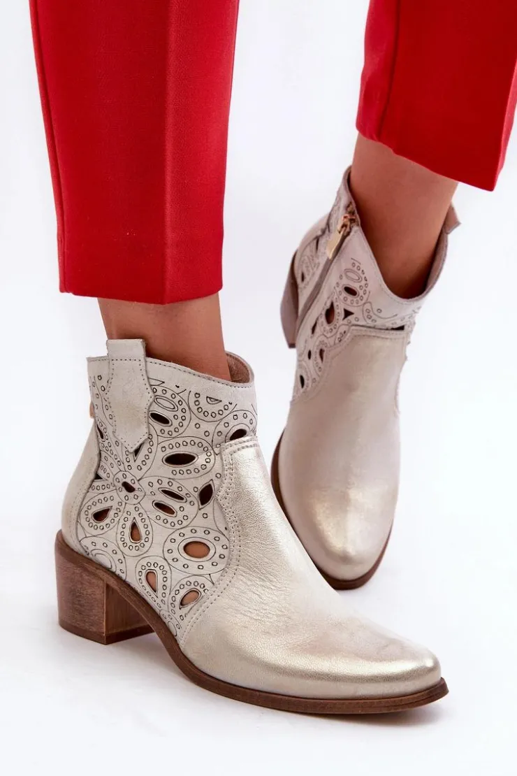 Clearance Boto Ażurowe Botki Skórzane Lewski Shoes 3170/2 Złoty Przecierany