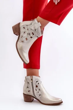 Clearance Boto Ażurowe Botki Skórzane Lewski Shoes 3170/2 Złoty Przecierany